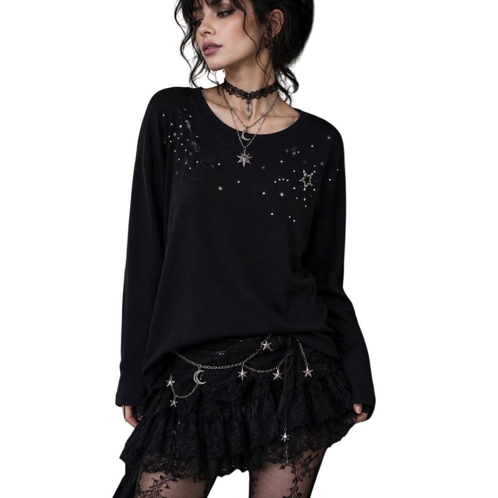 Karen Kane Black Soft Sweater M Jewel Star Studded Whimsigoth Celestial NWT